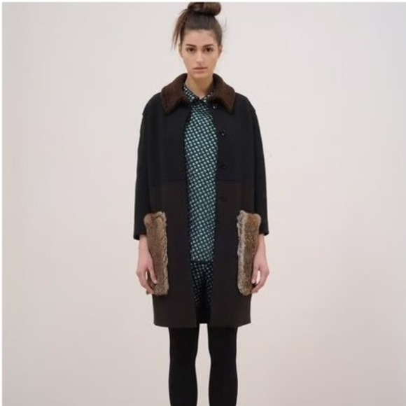 Hache Wool Coat Fur Pocket Collar Two Tone Black Brown Jacket - Picture 1 of 8